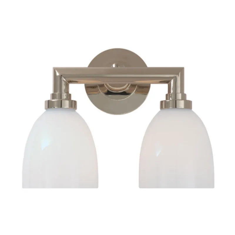 Chapman & Myers Wilton Double Bath Light in Polished Nickel with White Glass Wall Light W13" x H10.25"