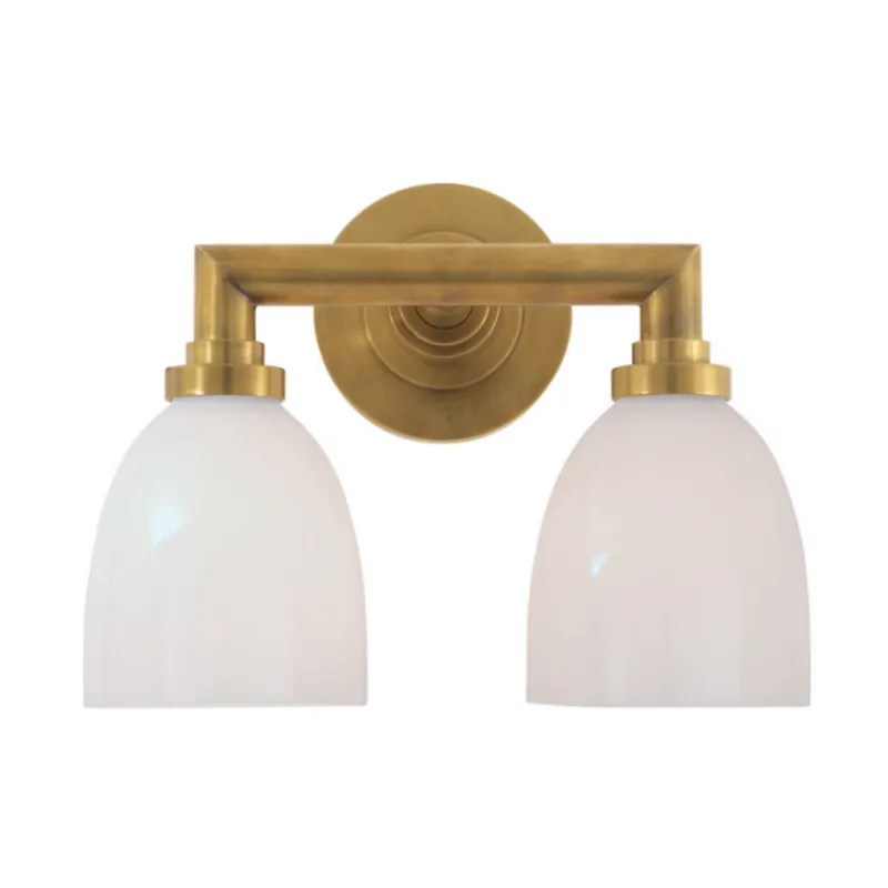 Chapman & Myers Wilton Double Bath Light in Hand-Rubbed Antique Brass with White Glass Wall Light W13" x H10.25"