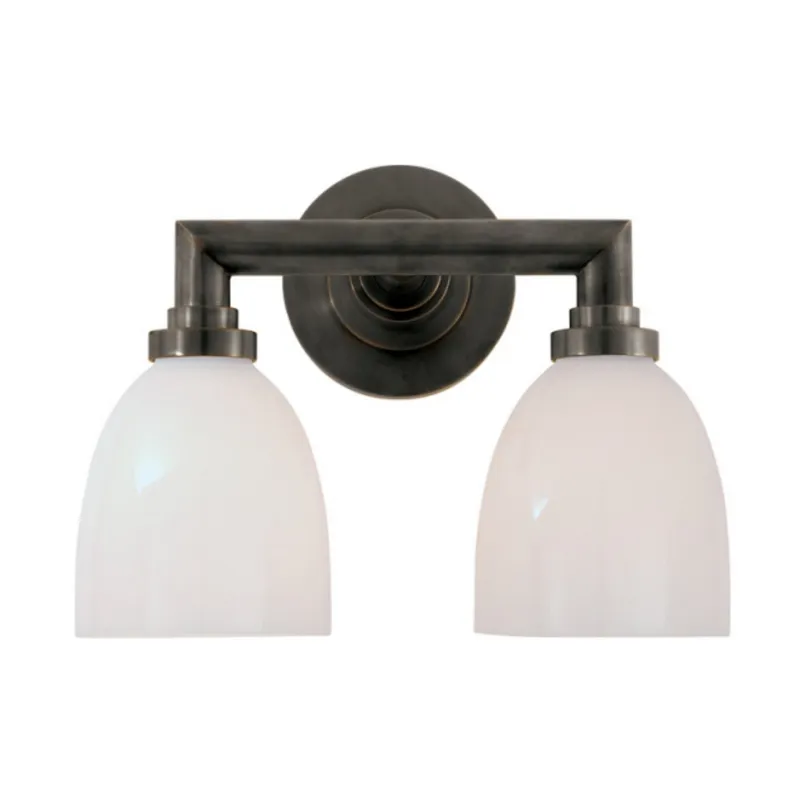 Chapman & Myers Wilton Double Bath Light in Bronze with White Glass Wall Light W13" x H10.25"