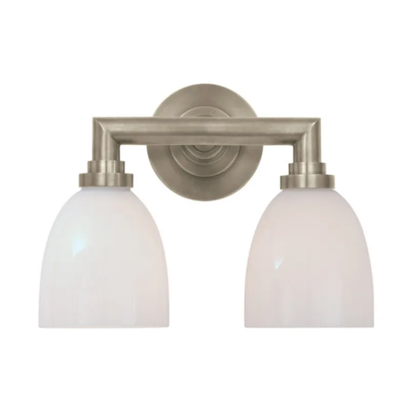 Chapman & Myers Wilton Double Bath Light in Antique Nickel with White Glass Wall Light W13" x H10.25"