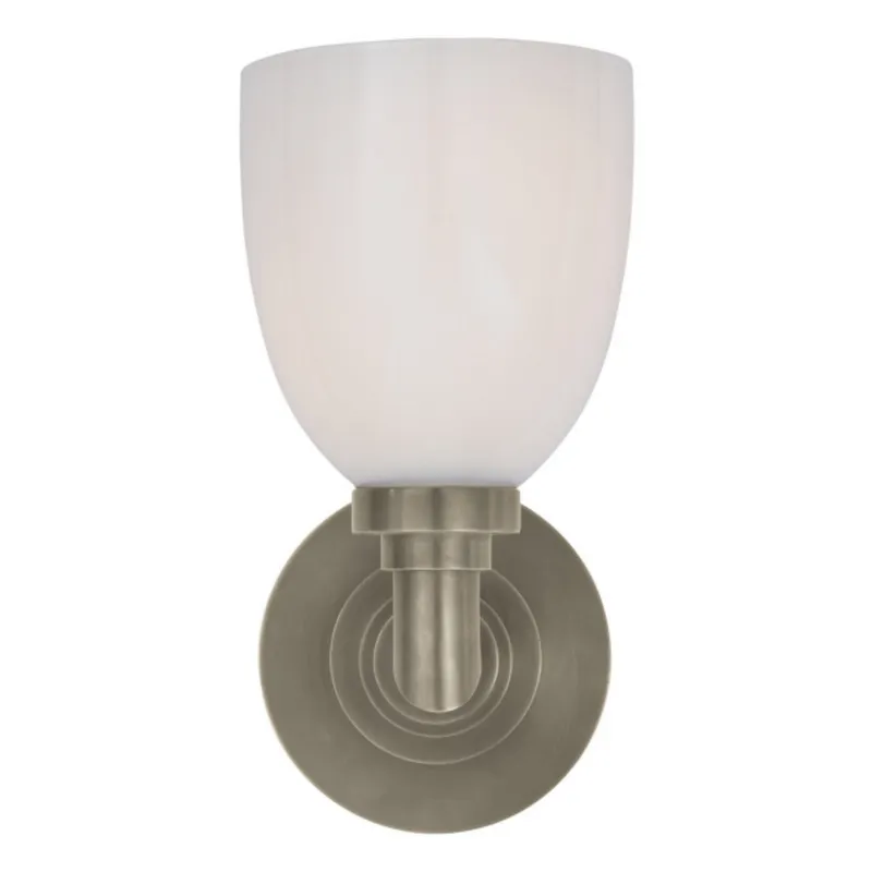 Chapman & Myers Wilton Single Bath Light in Antique Nickel with White Glass Wall Light W5" x H10.25"
