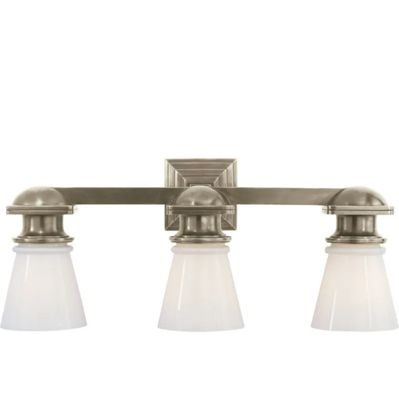 Chapman & Myers New York Subway Triple Light in Antique Nickel with White Glass Wall Light W22.75" x H9.75"