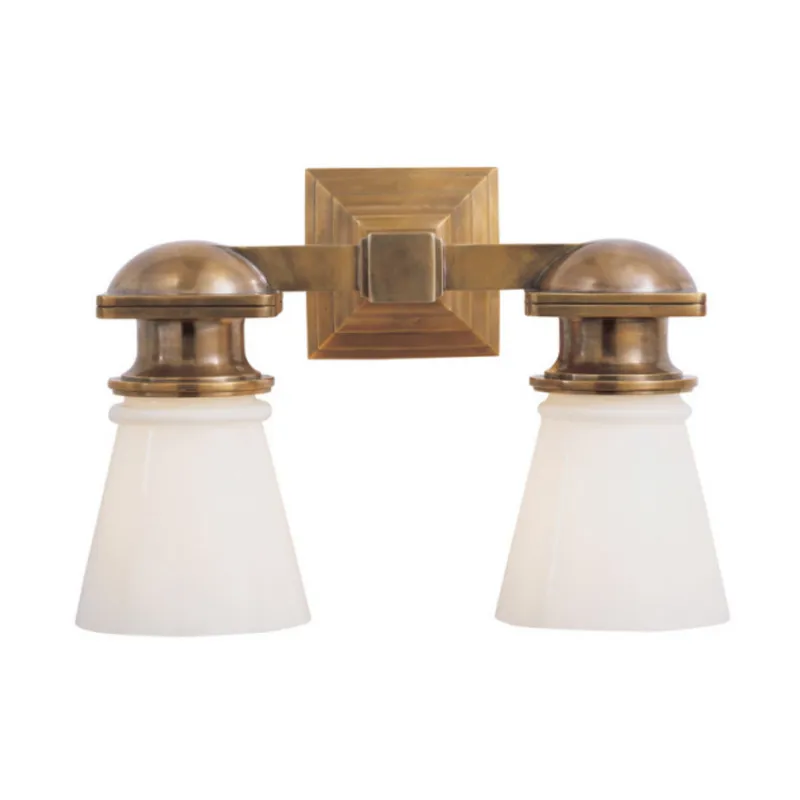 Chapman & Myers New York Subway Double Light in Hand-Rubbed Antique Brass with White Glass Wall Light W14" x H9.75"