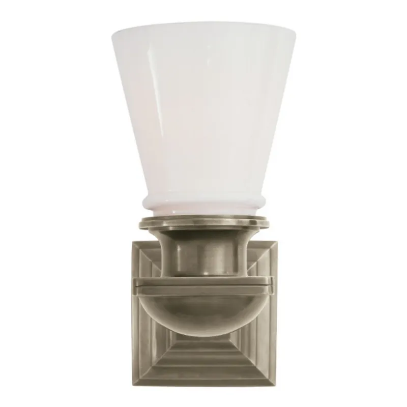 Chapman & Myers New York Subway Single Light in Antique Nickel with White Glass Wall Light W5" x H9.75"