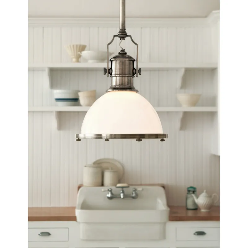 Chapman & Myers Country Industrial Large Pendant in Antique Nickel with White Glass Shade Ceiling Light W19.5"