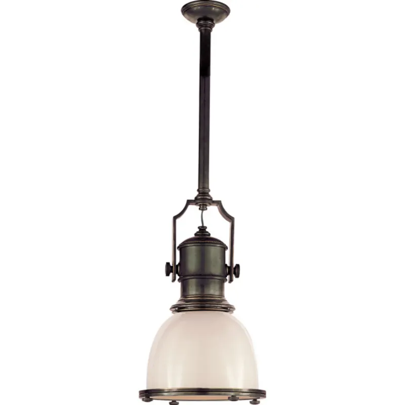 Chapman & Myers Country Industrial Small Pendant in Bronze with White Glass Shade Ceiling Light W14"