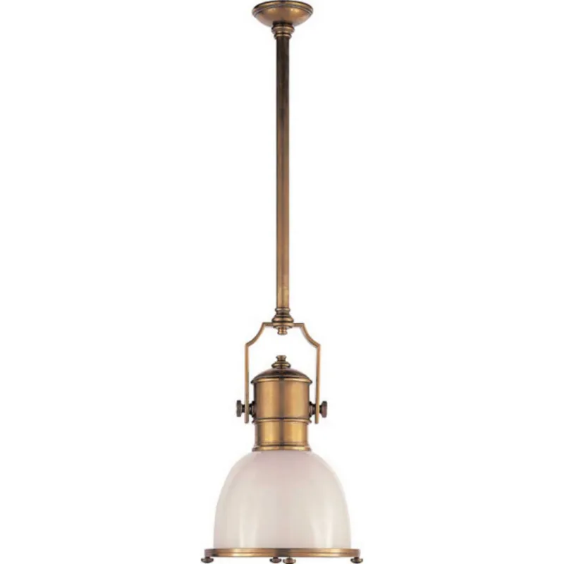 Chapman & Myers Country Industrial Small Pendant in Antique-Burnished Brass with White Glass Shade Ceiling Light W14"