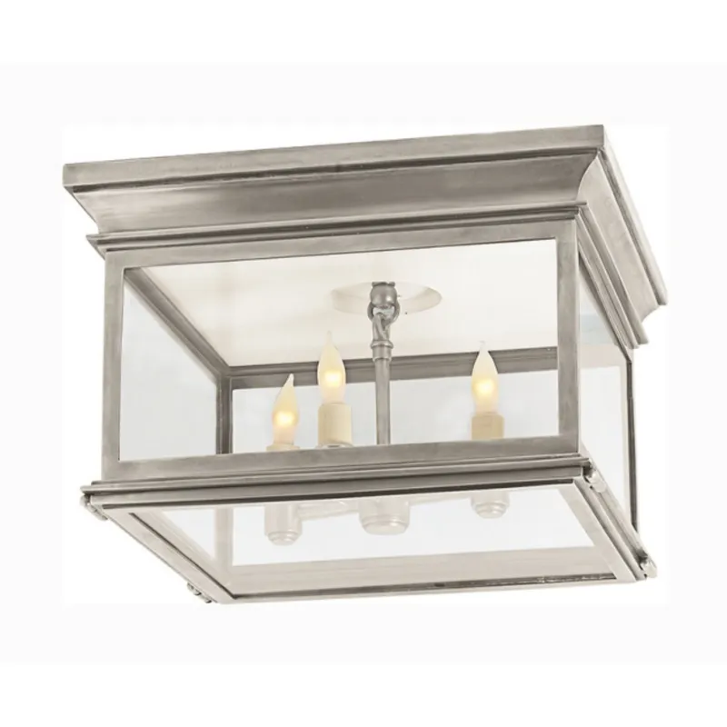 Chapman & Myers Club Large Square Flush Mount in Antique Nickel with Clear Glass Ceiling Light W13" x H9"